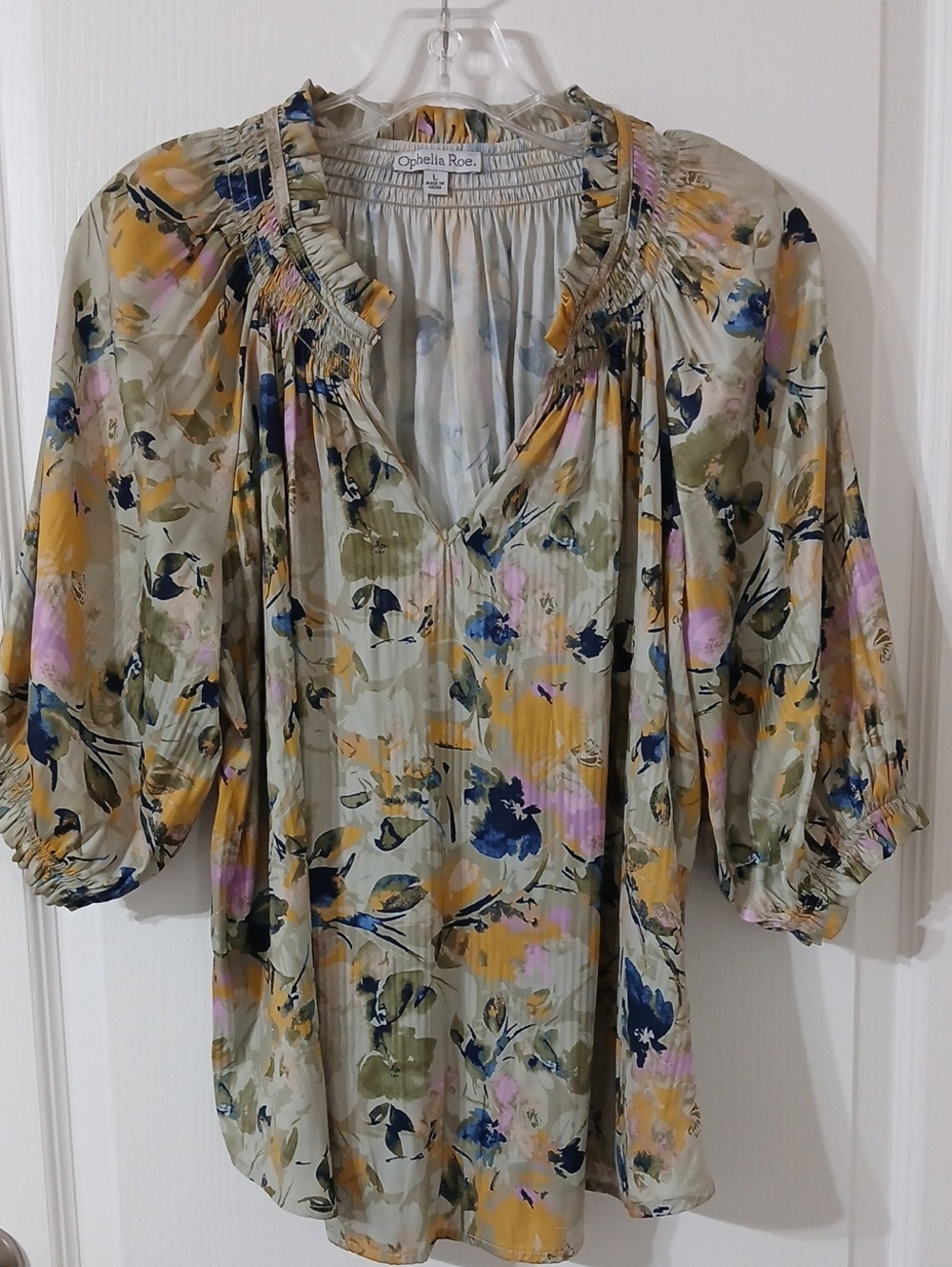 Ophelia Roe Floral Puff-Sleeve Blouse in Sage Multicolor